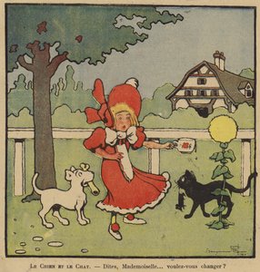 Cartoon van een meisje gevangen tussen haar hond met een bot en haar kat met een muis