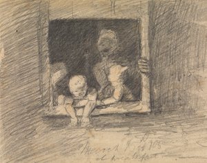 Kinderen leunen uit een raam