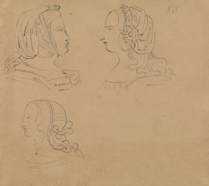 Portretstudies van Vrouwen in Verschillende Hoofdtooien