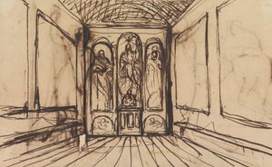 Studie van een Interieurkamer met Religieuze Beelden op de Muurpanelen door Benjamin Robert Haydon