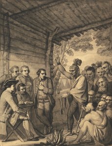 De Indianen Geven een Toespraak aan Kolonel Bouquet in een Conferentie bij een Raadsvuur Nabij zijn Kamp aan de Oevers van de Muskingum in Amerika, in Oktober 1764, 1765 door Benjamin West