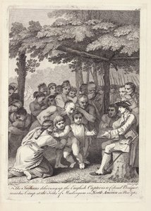 De indianen leveren de Engelse gevangenen uit aan kolonel Bouquet nabij zijn kamp bij de Forks of Muskingham in Noord-Amerika in november 1764