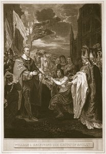 Willem I ontvangt de kroon van Engeland, gegraveerd door George Noble, illustratie uit David Hume