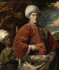 Portret van een heer in oosterse kleding met een oosterse page