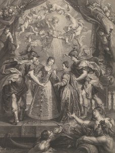 Plaat 17: De uitwisseling van de twee prinsessen in Hendaye, allegorische scène met Anne van..., 1707-10 door Benoit Audran I