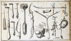 Chirurgische plaat met verschillende soorten chirurgische instrumenten, hamer, schelp, messen, voor het verwijderen van de hersenen. Gravure door Benoit Louis Prevost (1735-1809) 18e eeuw