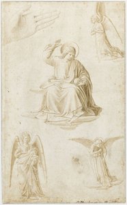 Studies van een hand, drie engelen en Christus als Salvator Mundi, tweede helft van de 15e eeuw door Benozzo Gozzoli