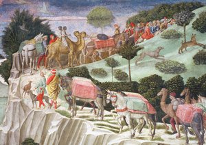 Karavaan van lastdieren die een heuvel beklimmen, detail van de Reis van de Wijzen cyclus in de kapel, ca. 1460 (detail) door Benozzo di Lese di Sandro Gozzoli