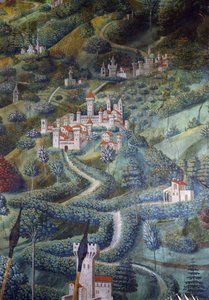 Kastelen, landschapsdetail van Processie van de Wijzen door Benozzo di Lese di Sandro Gozzoli