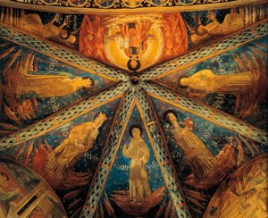 Italië, Montefalco, Gewelf van apsis van de kerk van Sint Franciscus geschilderd met heiligen door Benozzo di Lese di Sandro Gozzoli