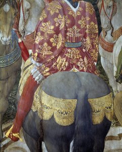 Ridder te paard in weelderige kleding, detail (detail) van de Aanbidding der Wijzen (Fresco)