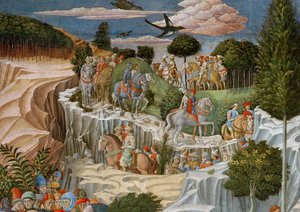 Processie te paard die een heuvel afdaalt, detail van de Reis van de Wijzen cyclus in de kapel, ca. 1460 (detail) door Benozzo di Lese di Sandro Gozzoli