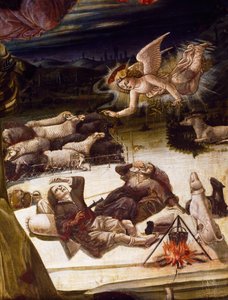 Een engel en herders (detail) van het altaarstuk van de Geboorte, door Benvenuto di Giovanni door Benvenuto di Giovanni