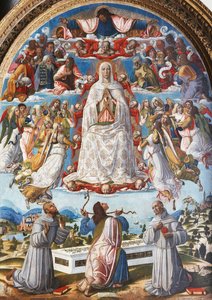 De Tenhemelopneming van de Maagd met Sint Thomas die de Gordel ontvangt tussen de Heiligen Franciscus van Assisi en Antonius van Padua door Benvenuto di Giovanni