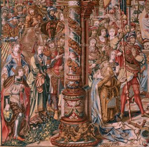 Vlaamse wandtapijt. Serie De Eerbewijzen. Geloof. Eerste wandtapijt in de serie. Model Cartonisten uit de kring van Bernard van Orley en Jan Gossaert (Mabuse). Manufacture Pieter van Aelst, Brussel. Ca 1550.