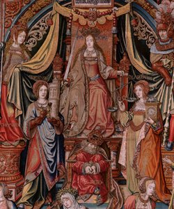 Vlaamse wandtapijt. Serie De Eerbewijzen. Gerechtigheid. Negende wandtapijt in de serie. Model Cartonisten uit de kring van Bernard van Orley en Jan Gossaert (Mabuse). Manufacture Pieter van Aelst, Brussel. Ca 1550.