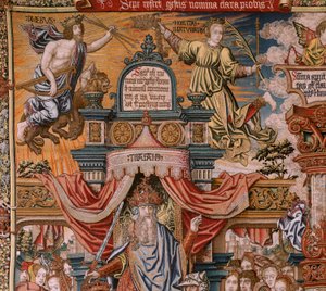 Vlaamse wandtapijt. Serie De Eerbewijzen. Adel. Vierde wandtapijt in de serie. Model Cartonisten uit de kring van Bernard van Orley en Jan Gossaert (Mabuse). Manufacture Pieter van Aelst, Brussel. Ca 1550.