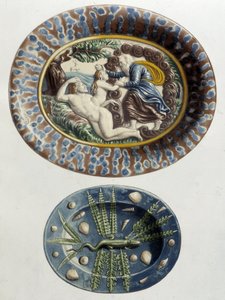 God creëert Eva uit Adams dij; Hagedis - Keramische schotels, in "The work of Bernard Palissy" door C. Delange en C. Borneman, Parijs