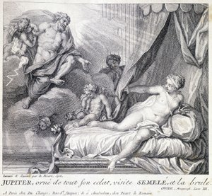 Jupiter (Zeus) verbrandt Semele met zijn bliksem. Gravure uit de 18e eeuw naar de tekening van B. Picart gemaakt in 1708. door Bernard (after) Picart
