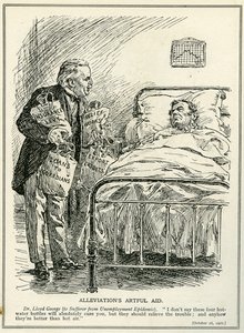 Dr. Lloyd George stelt voor de werkloosheidsepidemie te genezen met vier kruiken: 