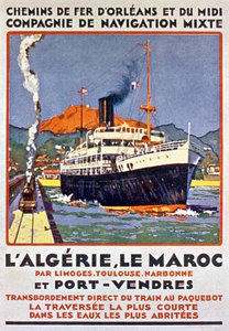 Reclameposter voor Franse spoorlijn naar Algerije en Marokko vanuit Frankrijk via Limoges Toulouse Narbonne en Port Vendres ca 1900 door Bernard Lachevre