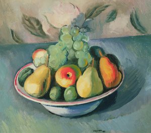 Een stilleven van fruit in een kom door Bernard Meninsky