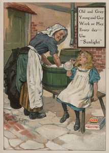 Meisje blaast bellen terwijl haar grootmoeder de was doet: advertentie voor Sunlight zeep