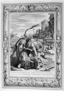 Achelous in de vorm van een stier wordt overwonnen door Hercules, 1733 door Bernard Picart