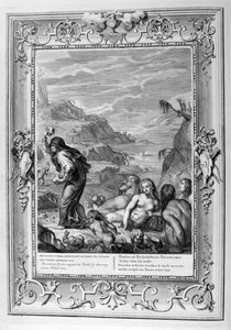 Deucalion overleeft de zondvloed met zijn vrouw, Pyrrha (gravure)