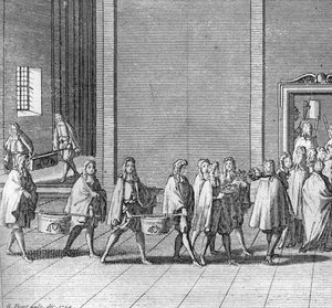 Verschillende stadia van het conclaaf, bijeenkomst van de kardinalen voor de verkiezing van een nieuwe paus: de rantsoenen worden gemaakt tijdens het conclaaf (Vaticaan: aankomst van voedsel tijdens het conclaaf) Gravure uit Illustratie van religieuze cere door Bernard Picart