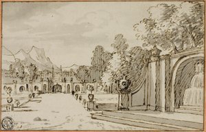 Formele tuin met fontein op de voorgrond
