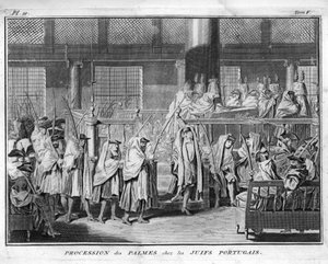 Jodendom: Processie van de palmen gevierd in de joods-Portugese gemeenschap Gravure uit Illustratie de ceremonies et customs religieuses de tous les peuples du monde door Bernard Picart (1723-1743) 1819 Privécollectie door Bernard Picart