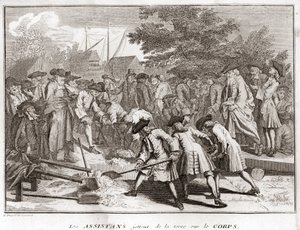 Jodendom: de assistenten gooien aarde op het lichaam tijdens de begrafenis (Joodse begrafenis) Gravure uit "Illustratie van religieuze ceremonies en gebruiken van alle volkeren van de wereld" door Bernard Picart (1723-1743) 1819 Privécollectie door Bernard Picart