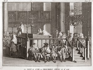 Jodendom: het geluid van de hoorn op de eerste dag van het jaar (geluid van de sjofar op Rosj Hasjana) (Joods Nieuwjaarsfeest: Blazen van de sjofar op Rosj Hasjana) Gravure uit Illustratie van religieuze ceremonies en gebruiken van alle volkeren door Bernard Picart