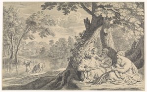 Landschap met Heilige Familie, vergezeld door Elisabet en Johannes de Doper