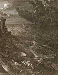 Leander zwemt over de Hellespont om zijn minnares Hero te ontmoeten, 1730 door Bernard Picart