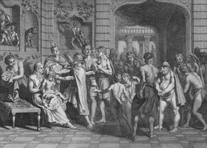 On Coupe les Cheveux, et on donne un Nom aux Fils de LYncas, 1723 door Bernard Picart