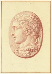 Een van vier studies naar cameeën, drie met klassieke profielportretten en een met een fragmentair reliëf van Cupido en twee leeuwen die een wagen trekken door Bernard Picart