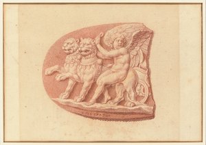 Een van vier studies naar cameeën, drie met klassieke profielportretten en een met een fragmentair reliëf van Cupido en twee leeuwen die een wagen trekken
