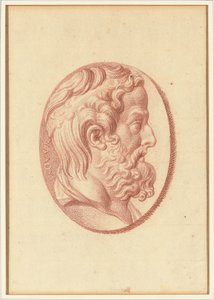 Een van vier studies naar cameeën, drie met klassieke profielportretten en een met een fragmentair reliëf van Cupido en twee leeuwen die een wagen trekken