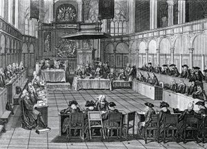 Protestantse Synode gehouden in 1730 in de Nieuwe Kerk in Amsterdam, Nederland, gravure door Bernard Picart (1673-1733)