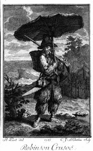 Voorstelling van Robinson Crusoe op zijn verlaten eiland. Gravure door Bernard Picart (1673-1733) ter illustratie van de roman van Daniel Defoe of De Foe (1660-1731)