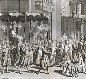 Plechtige Inauguratie van het Pontificaat: het verbranden van een doek) Gravure uit Illustratie de ceremonies et customs religieuses de tous les peuples du monde door Bernard Picart (1723-1743) 1819 Privécollectie door Bernard Picart