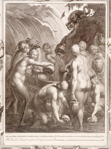 De Danaïden veroordeeld om geperforeerde vaten met water te vullen, 1730 door Bernard Picart
