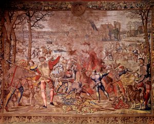 De jachten van Maximiliaan: de maand januari, Waterman, wilde zwijnenjacht, flambée, curee - Wandtapijt gemaakt in de Vlaamse ateliers door Bernard van Orley door Bernard van (after) Orley