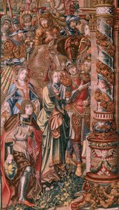 Vlaamse wandtapijt. Serie De Eerbewijzen. Geloof. Eerste wandtapijt in de serie. Model Cartonisten uit de kring van Bernard van Orley en Jan Gossaert (Mabuse). Fabrikant Pieter van Aelst, Brussel. Ca 1550.