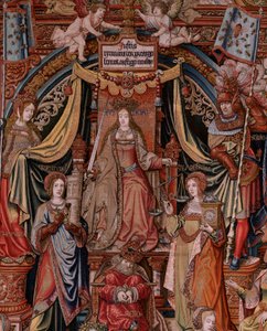 Vlaams wandtapijt. Serie De Eerbewijzen. Gerechtigheid. Negende wandtapijt in de serie. Model Tekenaar uit de kring van Bernard van Orley en Jan Gossaert (Mabuse). Manufacture Pieter van Aelst, Brussel. Ca 1550.
