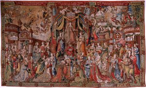 Vlaams wandtapijt. Serie De Eerbewijzen. Gerechtigheid. Negende wandtapijt in de serie. Model Tekenaar uit de kring van Bernard van Orley en Jan Gossaert (Mabuse). Manufacture Pieter van Aelst, Brussel. Ca 1550.