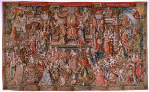 Vlaamse wandtapijt. Serie De Eerbewijzen; Voorzichtigheid (La Prudencia). Zevende wandtapijt in de serie. Model Cartonisten uit de kring van Bernard van Orley en Jan Gossaert (Mabuse). Fabriek Pieter van Aelst, Brussel. Ca 1550. Stof Goud, zilver, zijde en