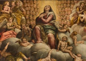 Apsis, Altaarstuk door Bernardino Gatti genaamd Il Sojaro voltooid door Giovanni Battista Trotti genaamd IL Malosso, Hemelvaart van de Maagd door Bernardino Gatti